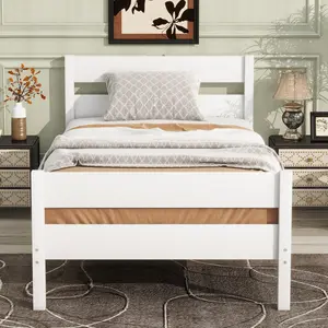 Twin Size Bed Frame, Wood Twin Platform Bed with Headboard and Footboard, Twin size Bed Frames for Bedroom, Guset Room, No Box Spring Needed, White