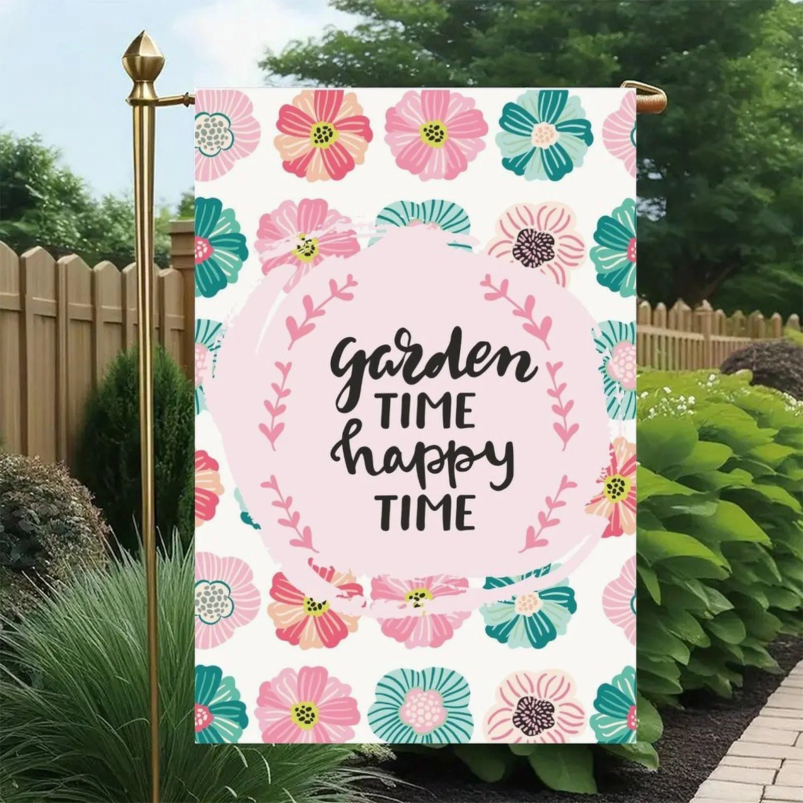 Garden Time Happy Time Pastel Pink Teal Floral Seamless Pattern Spring Cottage Garden Flag Double-Sided 12x18in, Cute Floral Front Yard Decor Banner