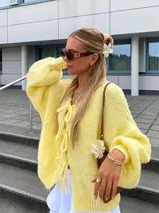 Elegant Women's Loose Fit Knit Sweater Cardigan, Butterfly Tie Shoulder Drop Sleeve, Soft Fabric, Fall Winter Casual Outerwear, Knitwear, Womenswear
