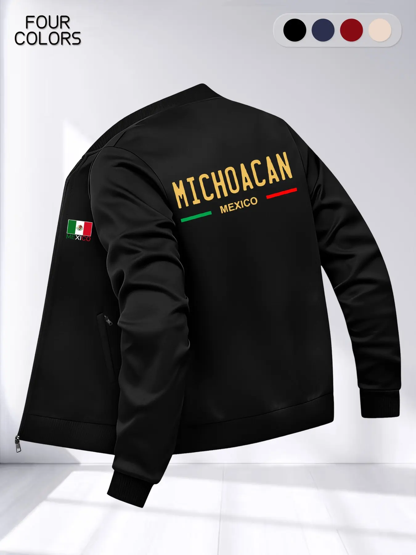Men's Casual Jacket with Mexican Letter Print, Stylish Design with Zipper Pockets, Long Loose-Fitting Sleeve for Fall & Winter Fashion