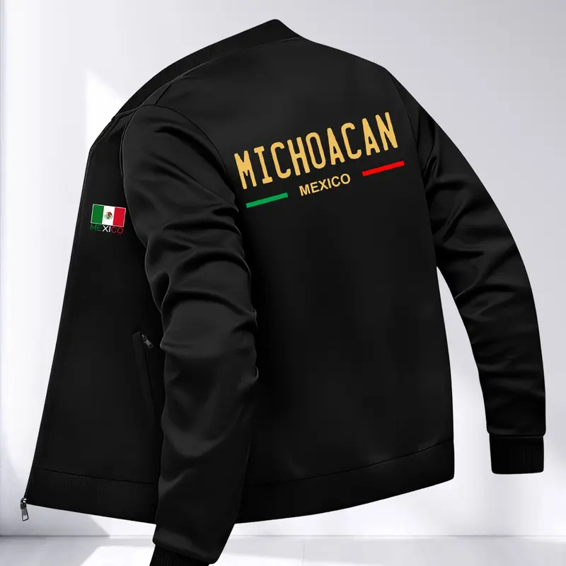 Men's Casual Jacket with Mexican Letter Print, Stylish Design with Zipper Pockets, Long Loose-Fitting Sleeve for Fall & Winter Fashion