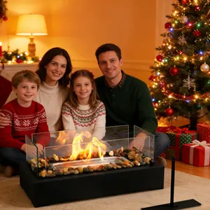 Portable Tabletop Fire Pit with Glass Shield and Decorative Stones Modern Black 30-60 Minute Burn Time Smokeless Ethanol Fireplace for Indoor Outdoor Use Safe Flame Easy Assembly