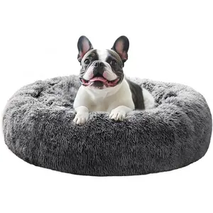 JOLLYVOGUE Calming Dog Bed Medium Size Dog, Anti-Anxiety Donut Medium Pet Bed, 27 inches Fluffy Faux Fur Round Cat Bed (Smoke Black)