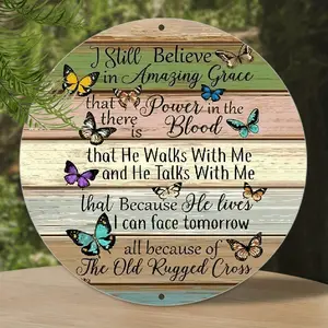Inspirational Round Metal Tin Sign Wall Decor with Power in the Blood and I Still Believe in Amazing Grace Design