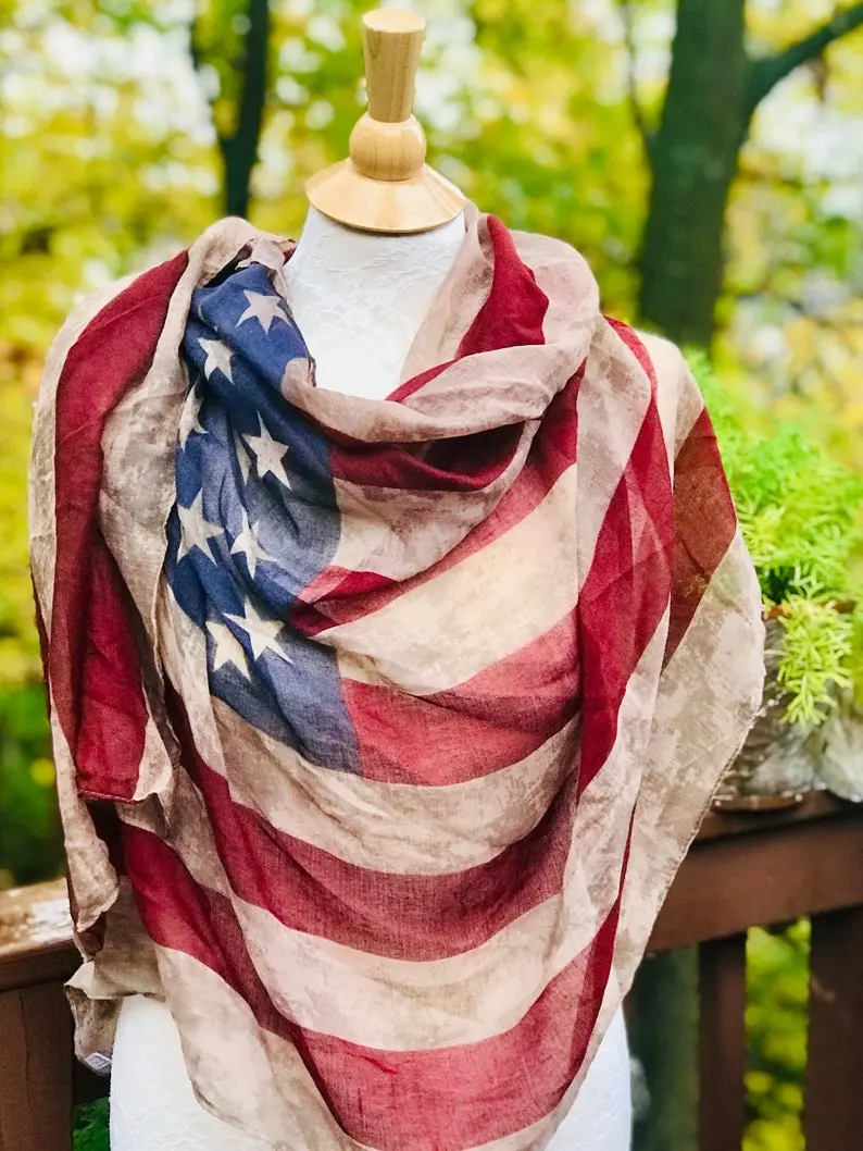 American Flag Scarf Shawl, vintage, aged flag, light weight, semi sheer fabric rectangular large shawl, patriotic gift, Independence day