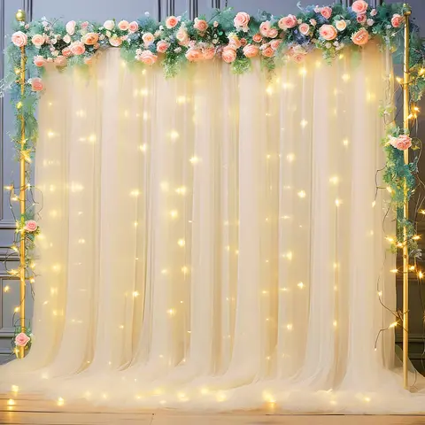 Elegant Colorful Transparent Sheer Backdrop Curtains with Champagne Lights (9.84ft x 7.05ft) - Champagne,Sky Blue,Pink,White,Green,Purple - Holiday,Birthday Decor for Bridal Shower - Elevate Event Space Atmosphere