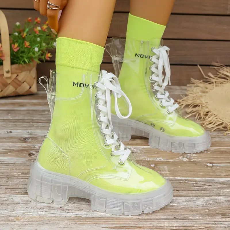 Fully transparent boots with soles, lace-up short mid-calf fashion rain boots suitable for 38 festivals