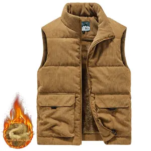Men's Corduroy Vest with Fleece Lining, Thickened Stand Collar Vest, Multi-Pocket Workwear Down Cotton Vest, Trendy