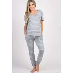 PinkBlush Heather Grey Striped Pocket Front Maternity Pajama Set