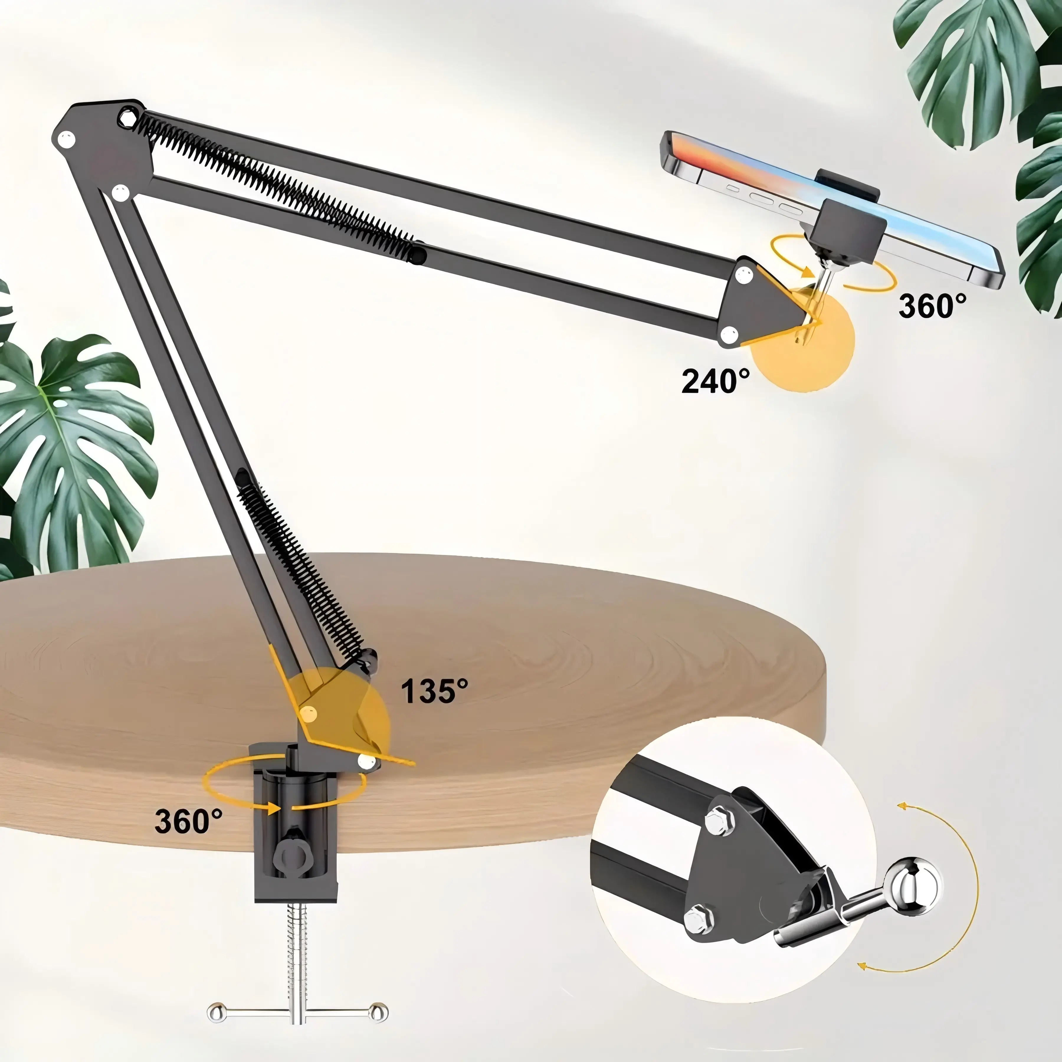 Overhead Video Stand Overhead Tripod Mount with Articulating Arm Flexible Cell Phone Stand Arm with Phone Holder and Table Clamp for Phone Video Recording Live Stream Phone Camera Ring Light Lamp