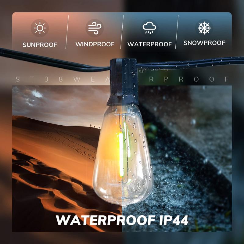 DAYBETTER 50FT/100FT Solar Outdoor String Lights, Dimmable Shatterproof ST38 Bulbs For Backyard, Porch, Garden, Christmas, Holiday Decorations,Festive Patio.