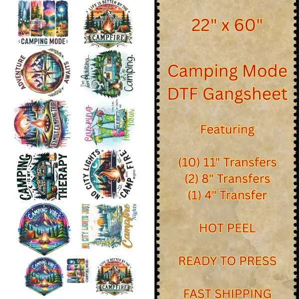 Ready-to-Press Hot Peel DTF Gangsheet Transfer (22"x60") - Vibrant Outdoor Theme "Camping Mode" Design, 10x11" 2x8" 1x4" Sizes, Customized Craft Supply for Toys & Hobbies DIY Projects, Sheet