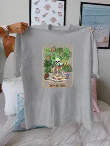 Women's Cartoon Skeleton & Floral Print Round Neck Tee, Fashion Casual Letter Graphic Crew Neck T-Shirt for Daily Holiday Vacation Outdoor Wear, Ladies Clothes for Summer