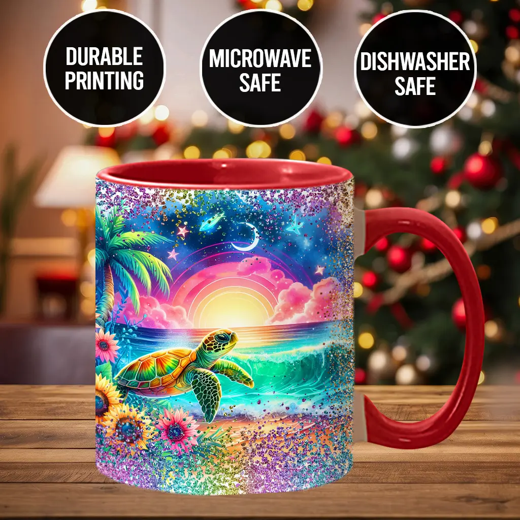 Ceramic Turtle Accent Cup - Stylish Classic Kitchenware Drinkware for Coffee, Holiday Season Drink, Printed Washable Mug - ttl6277