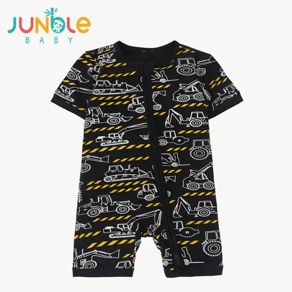 JUNBLEBABY Unisex Construction Truck Footie Pajamas, Soft Bamboo Viscose Onesie with 2-Way Zipper for Baby & Toddler, Bamboo Onesies