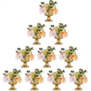 10pcs set, metal iron desktop vase, golden multifunctional candlestick and flower stand, Bohemian wedding table ornaments, perfect artificial flower decorative vase.