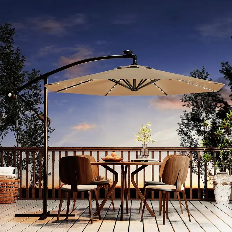 best patio umbrella for wind and sun Solar LED Lighted 11FT 3-Tier, UV-Resistant Market Umbrella with Tilt Adjustment, Large Outdoor Shade Yard, Poolside, Deck - 8 Ribs, Polyester Fabric Experience outdoor comfort and style with our premium umbrella that combines the warmth of a wood grain appearance with the strength of industrial Waterproof Beach Umbrella: Best Outdoor