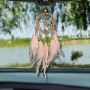 Small Dream Catcher for Car Handmade Boho Hanging Decor for Car Interior Rear View Mirror Feathers Dream Catchers Charms Ornament Pink