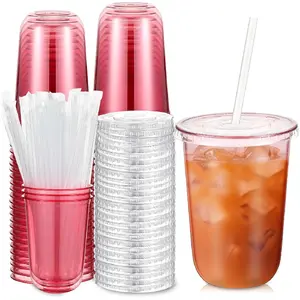 PLL 50 Sets Clear Plastic Cups with Lids and Straws, Disposable Iced Coffee Cups Drinking PET for Cold Drinks, Juice, Smoothie, Coffee Shops, Party, Christmas(Pink,16 oz)