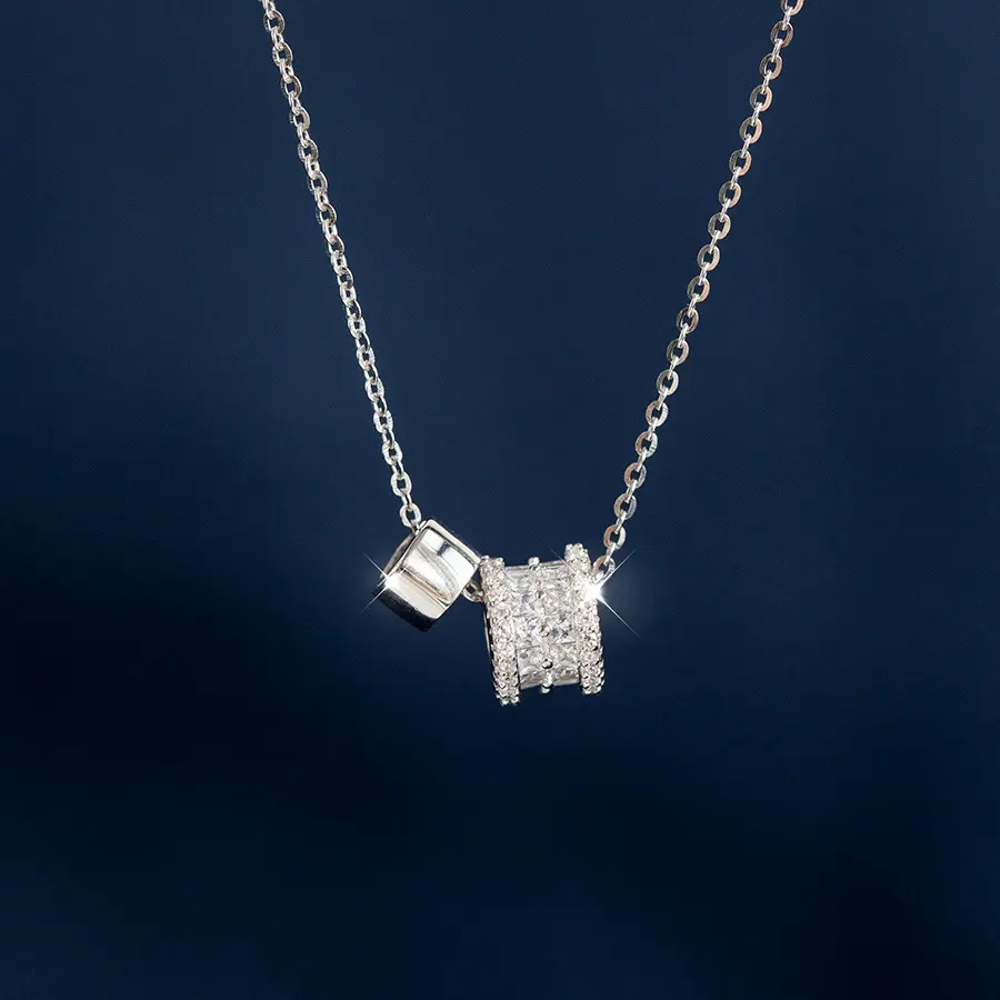 Women's Minimalist Small CZ-Paved Barrel Pendant Necklace, Silver-Tone 2-Cylinder Charm Thin Chain Elegant Stackable Neck Jewelry