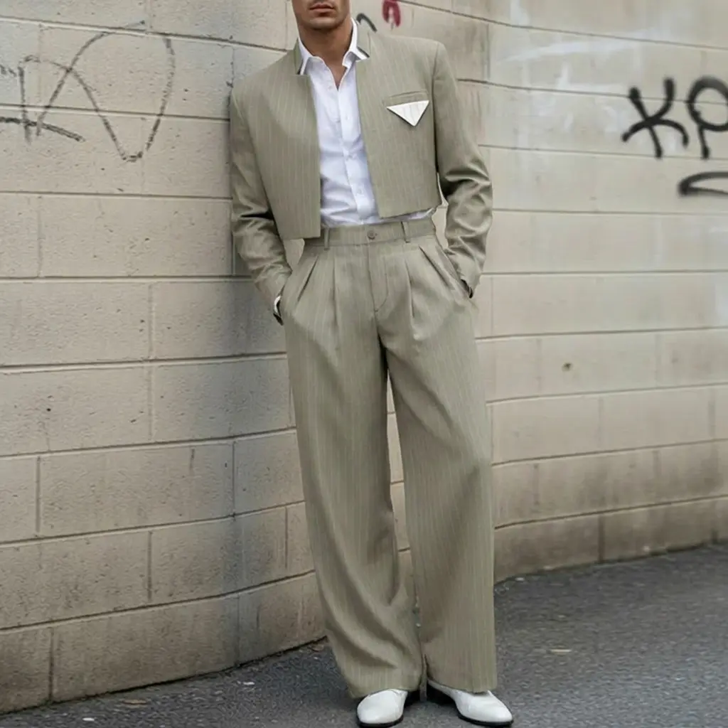 INCERUN Men's Pinstripe 2-Piece Set Cropped Blazer & High Waist Wide Leg Pants Suit