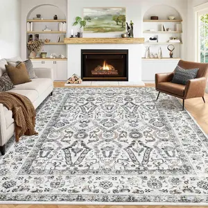 GARVEE 9x12 Washable Area Rug with Persian Boho Vintage Design, Ultra-Thin Foldable Low Pile, Non-Shedding, Pet & Family Friendly for Bedroom, Dining Room, Home Office in Light Grey