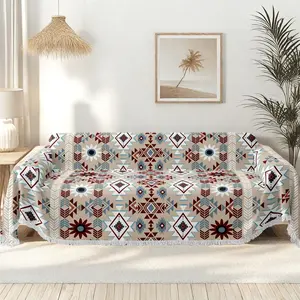 Boho Geometric Sofa Cover with Fringe, Pet-Friendly Living Room Couch Slipcover, Easy Care Home Decor, Vintage Design, Multiple Sizes