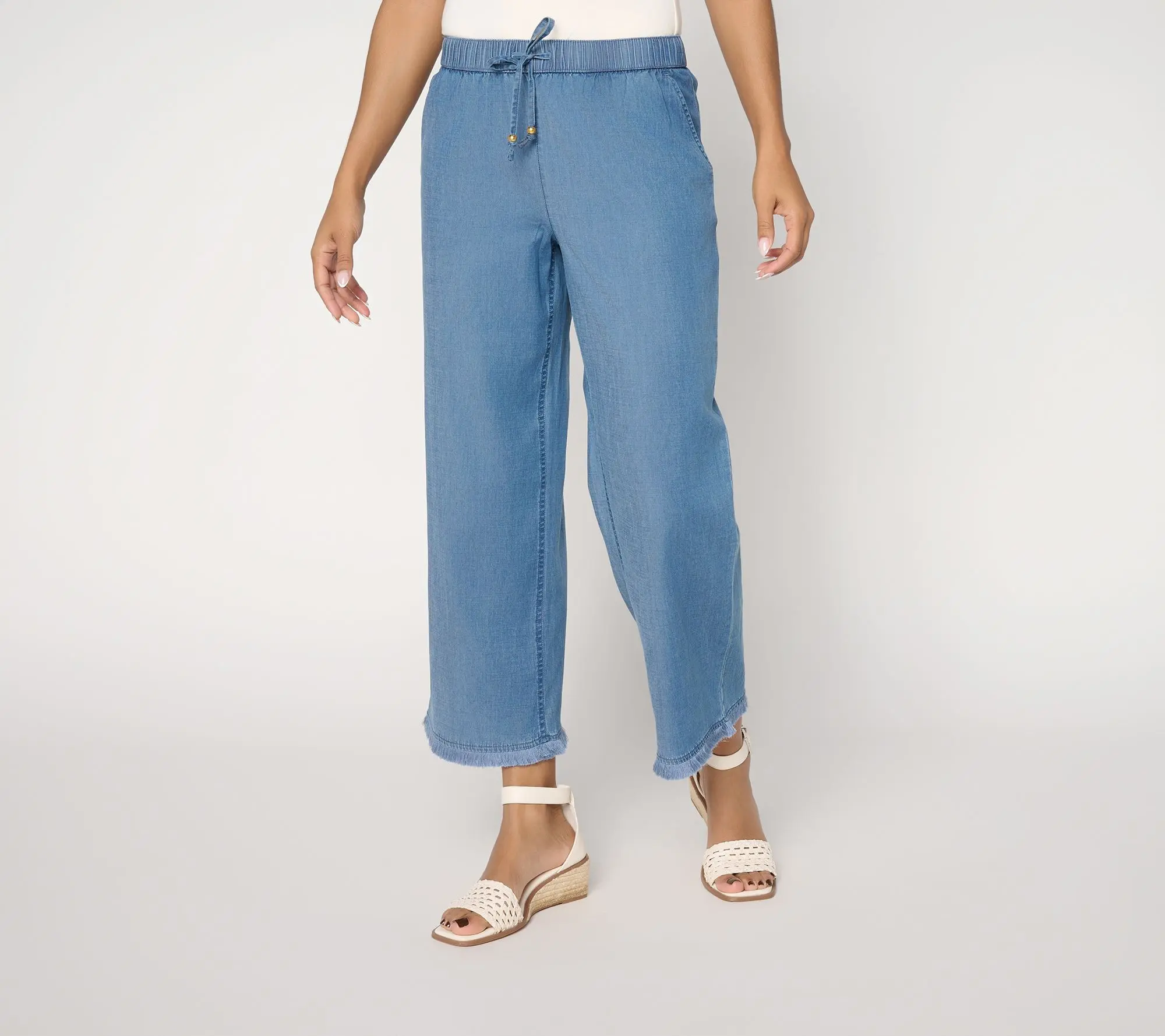 Susan Graver Regular Stretch Crop Chambray Wide Leg Crop Pants w/ Fringe