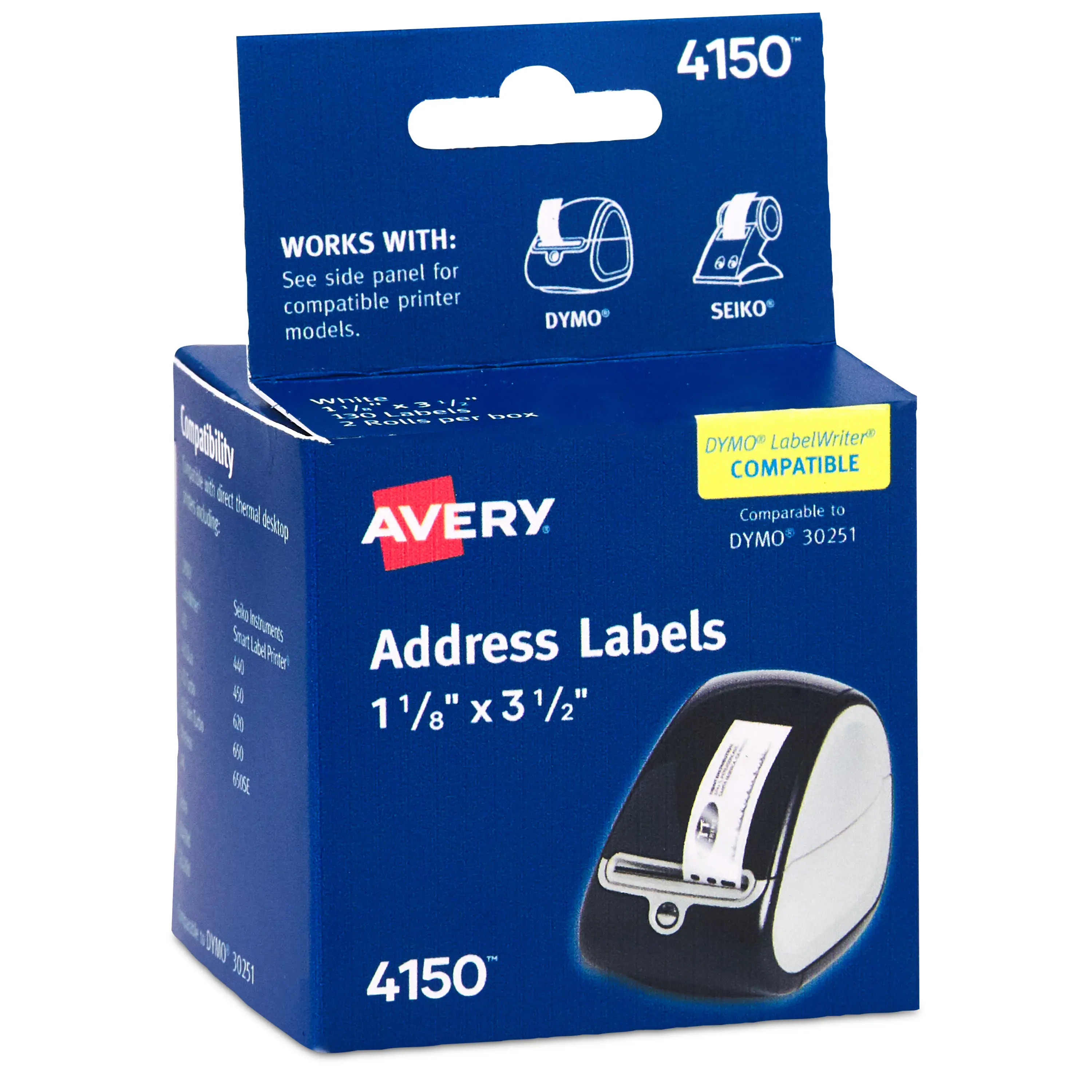 Avery Direct Thermal Address Labels, 1-1/8" x 3-1/2", White, Comparable to DYMO 30251, 130 Blank Labels per Roll, 2 Rolls, 260 Total (4150)