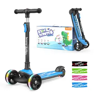 Besrey Kid Scooter for 3-10 Ages 3-Wheel Folding Scooter with Adjustable Height LED Light Wheels Extra Wide Deck  Available Sturdy Secure Lean-to-Steer Technology Fast Folding Design