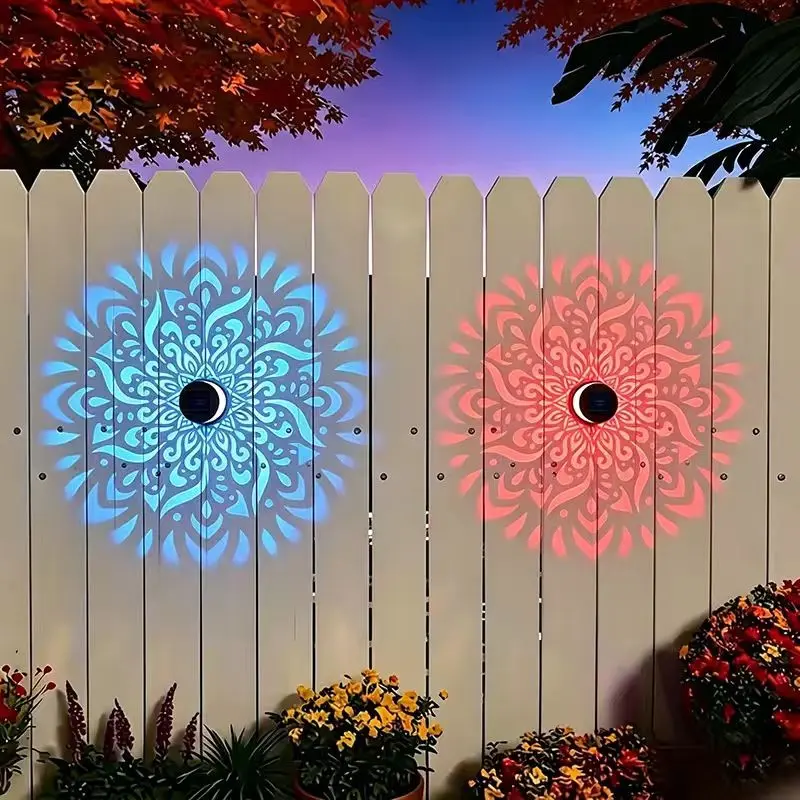 2-Pack Solar Mandala Projector Wall Lights, Waterproof Durable Metal Fence Light, Outdoor Decorative Lights, Outdoor Lighting for Garden, Patio, Backyard and Courtyard