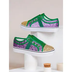 New Large Size Rhinestone Colorful Canvas Shoes, Casual Flat Low Top Deep Mouth Patchwork Sneakers, Fashion Round Toe Sequins Board Shoes