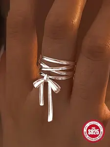 S925 Sterling Silver Cute Bowknot Design Ring, Adjustable Ring for Women, Elegant Fashion Rings,  Fashion Jewelry Accessories for Party, Daily Clothing Decor, Exquisite Jewelry for Birthday Gift, Valentine Gifts for Her, Double Finger Ring