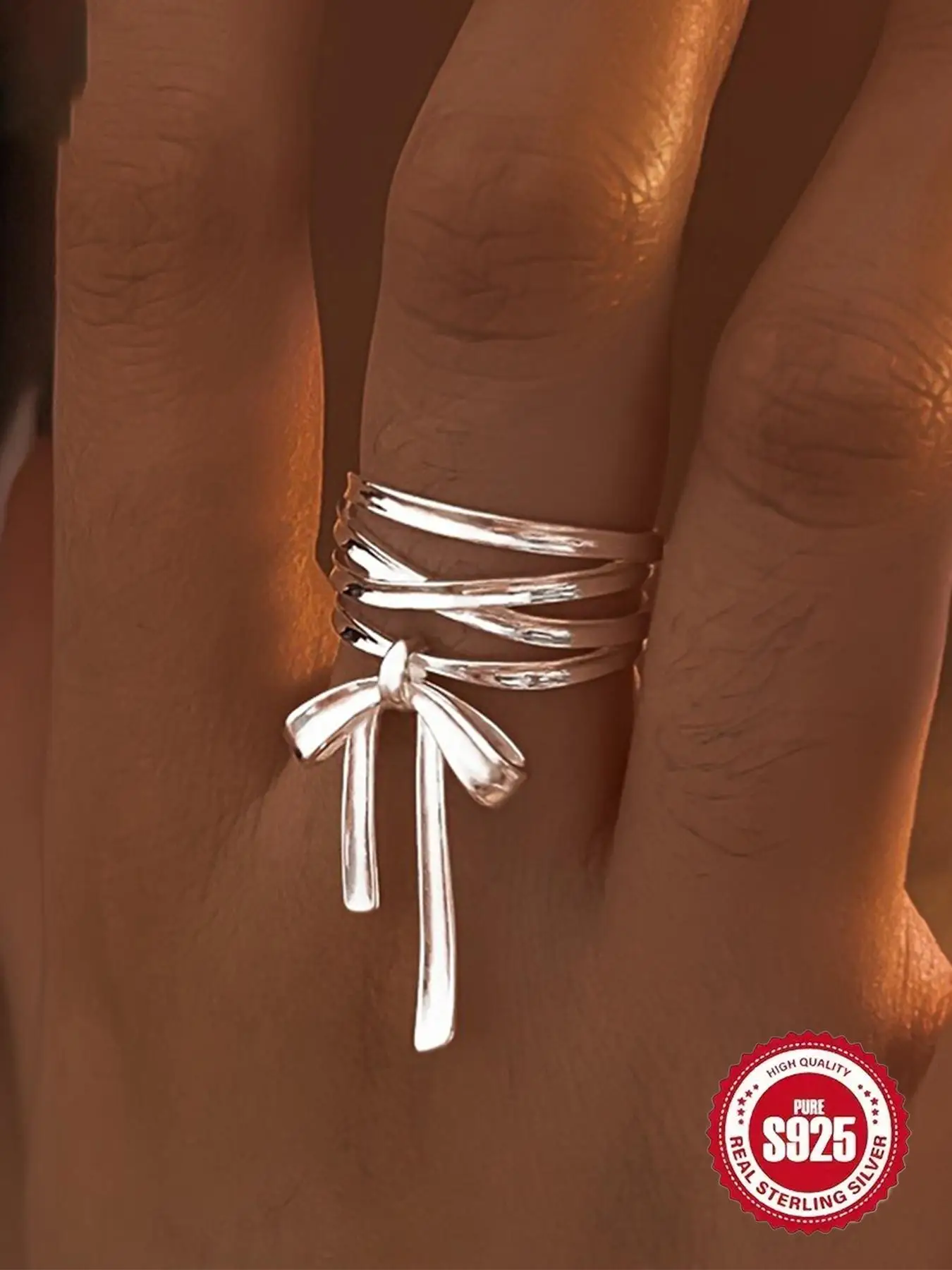 S925 Sterling Silver Cute Bowknot Design Ring, Adjustable Ring for Women, Elegant Fashion Rings, Fashion Jewelry Accessories for Party, Daily Clothin
