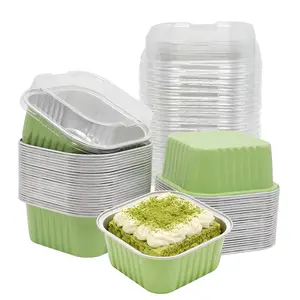 50 Pack 5oz Mini Square Cake Pans with Lids, Aluminum Foil Mini Cake Tins with Lids Disposable Aluminum Baking Cups for Sales Party Picnics, Light Green