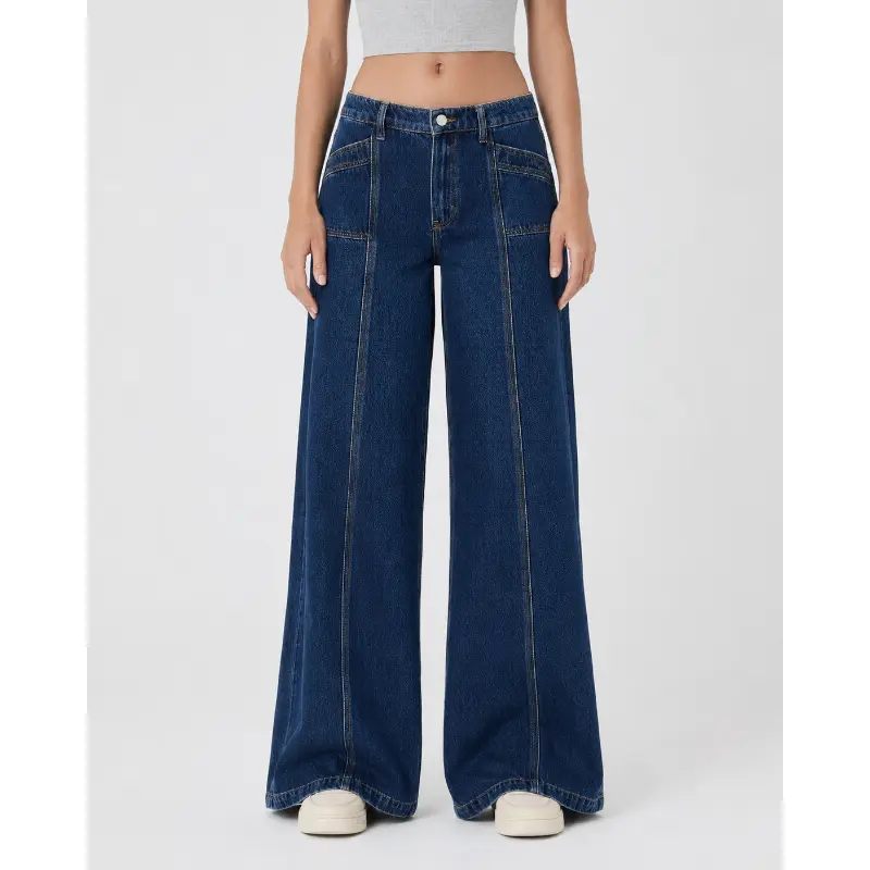 Bombbase Women’s High Waisted Wide Leg Jeans with Front Patch Pockets, Contrast Stitch Full Length Denim Pants, Casual Loose Fit Palazzo Jeans for Women (1)