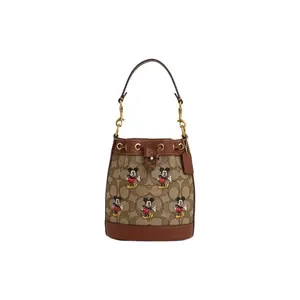 COACH X Disney Dempsey 16 Mini Bucket Bag with Mickey Print and Pebbled Leather for Women in Khaki