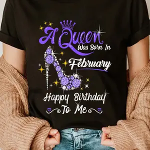 100% Cotton February Birthday Queen" Sparkling Purple High-Heel & Crown Design - Black T-Shirt with Glitter Accents, s, - Perfect Gift for Her, Birthday Tiara
