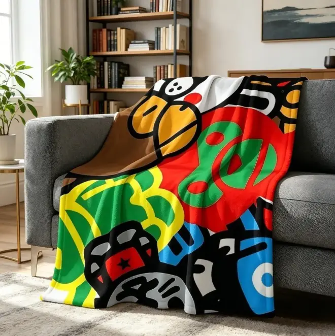 Ultra-Soft Patchwork Print Flannel Fabric Blanket with Bold Ape Art, Streetwear Look & Cool Character Design, Multi-Size Throw Blanket for Sofa Bed, Office Nap, Streetwear Gamer Gift