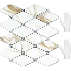 10 Sheets Peel and Stick Backsplash, Calacatta Golden Stick on Mosaic Tiles for Kitchen Wall Decor, Self Adhesive Long Hexagon PVC Tile Kitchen Backsplash