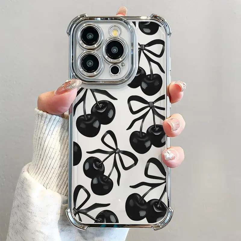 Black Cherry Pattern Durable Smartphone Case - Electroplated, Airbag Shockproof, Slim Soft TPU Protective Cover, Mobile Phone Accessory for iPhone 11/12/13/14/15/16/17 Air Pro Promax Plus with Protection, Accessories, Electroplated Frame, Slim Cover