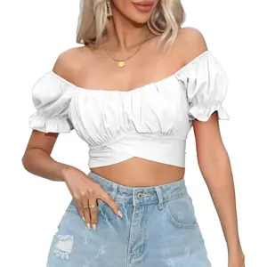 Women's Crop Tops Ruffle Short Sleeve Tie Back Summer Off Shoulder Top Blouse