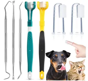 7 Pieces Dog Teeth Cleaning Kit Includes Dental Tooth Scaler and Scraper Stainless Steel Tarter Remover Scraper 3 Head Dog Toothbrush and Silicone Dog Finger Toothbrush Dog Plaque Remover Tools