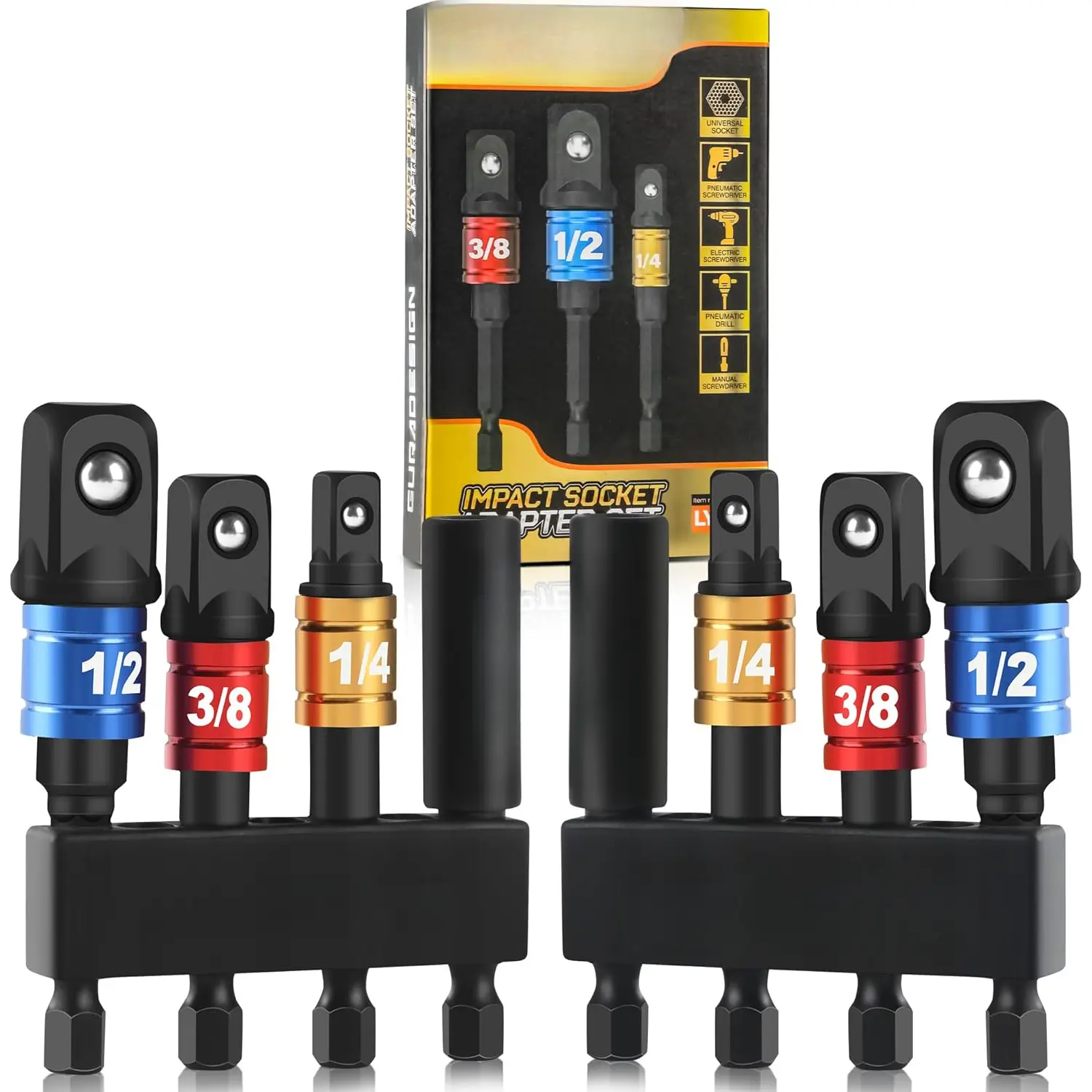 8- Impact Socket Adapter Set for Drill, 1/4" 3/8" 1/2" Hex Shank Impact Driver Socket Adapter, Socket to Drill Adapter