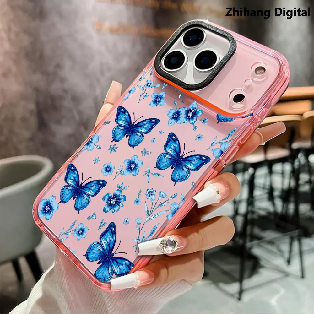 Blue Butterfly Wildflower Flowers Pattern Phone Case for iPhone 17 Pro Max Air 16 Plus 15 14 13 12 11 Non Slip TPU Soft Shell Non-Yellowing Shockproof Clear slim Protective Softcase Rugged Durable Back Cover, Advanced fashion gift