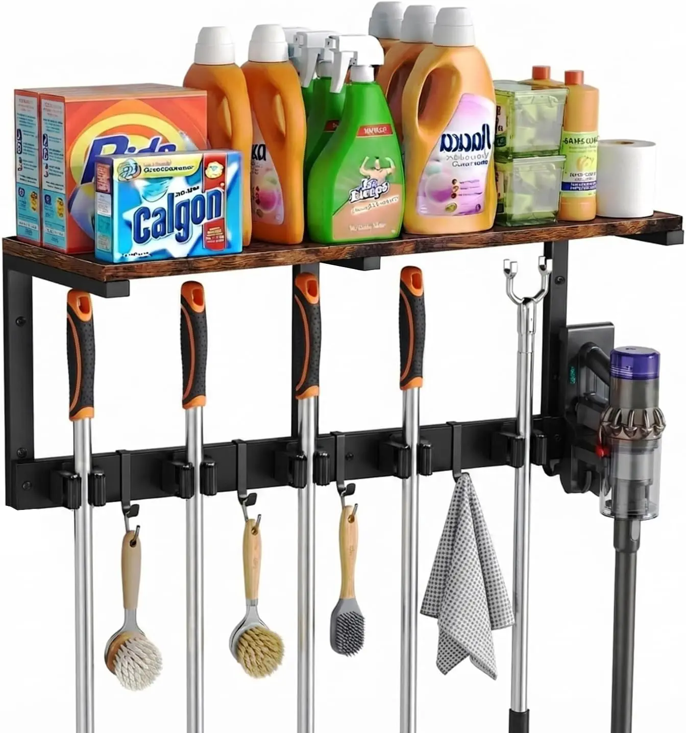 Mop and Broom Holder Wall Mount with Cleaning Supplies Organizer | Vacuum Stand, Rack Gripper, Laundry Room Organization and Storage Shelves, 5 Slots and 5 Hooks, for Home Garage Kitchen