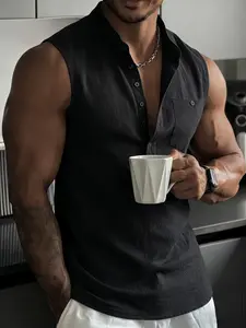 Men's Stand Collar Henry Neck Sleeveless Shirt, Breathable Linen Texture, Loose Fit, Casual Summer Commute Top, European Style