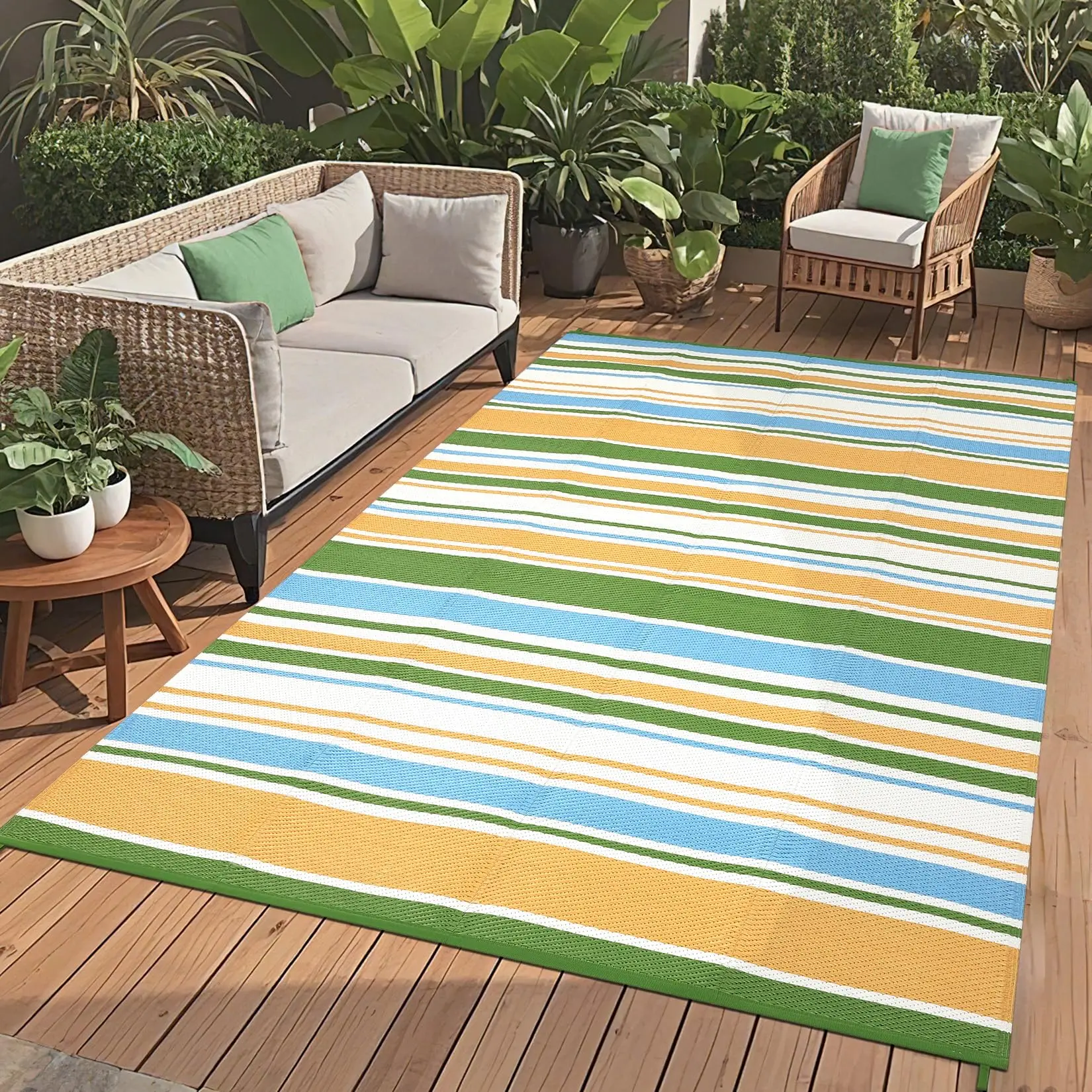 9x12 Large Outdoor Rug Waterproof for Patio Plastic Straw Rug Geometric Stripe Indoor Outdoor Area Rug Modern Lines Outdsid Camping Rugs for Backyard Balcony Trailer, Yellow Blue Green White