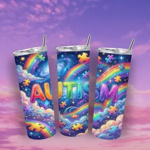 Autism Awareness Rainbow Design Tumbler Set with Colorful Puzzle Pieces and Stars for Everyday Use