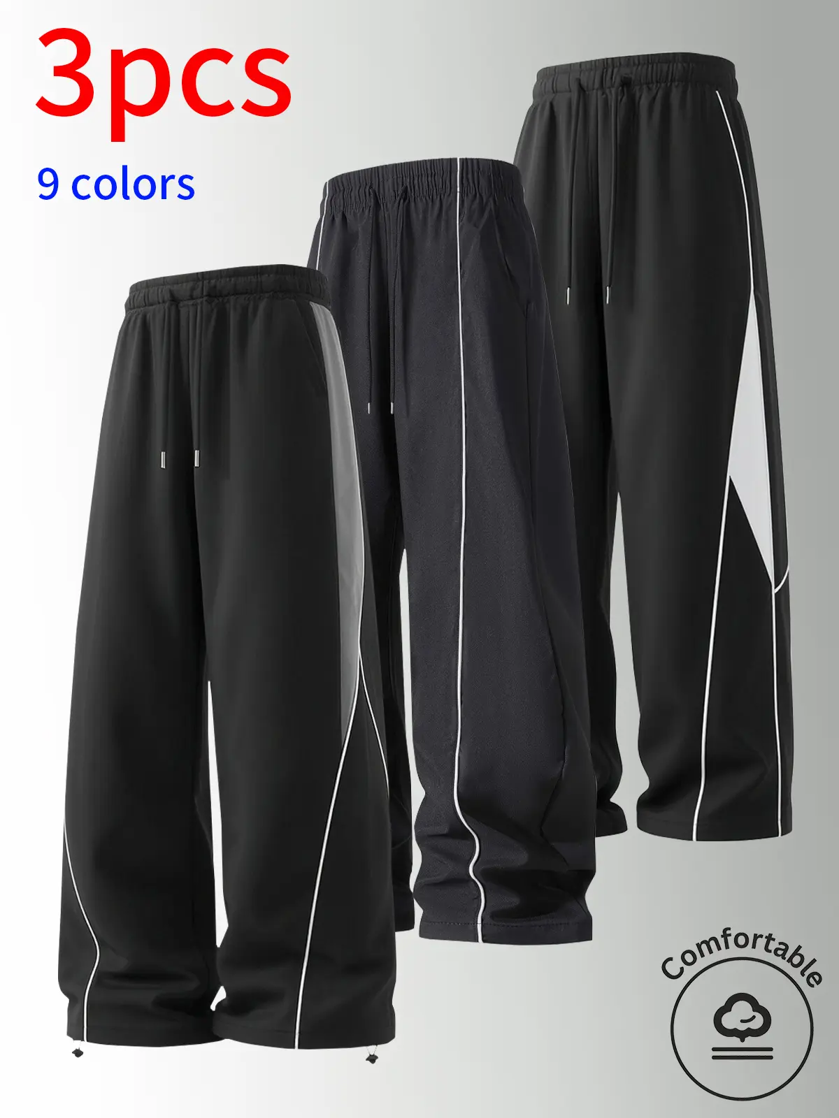 3-pack men’s trendy sports straight-leg pants for spring/autumn, side gray contrast color paneling, urban street fashion versatile casual trousers, lightweight polyester fabric, suitable for everyday workouts.